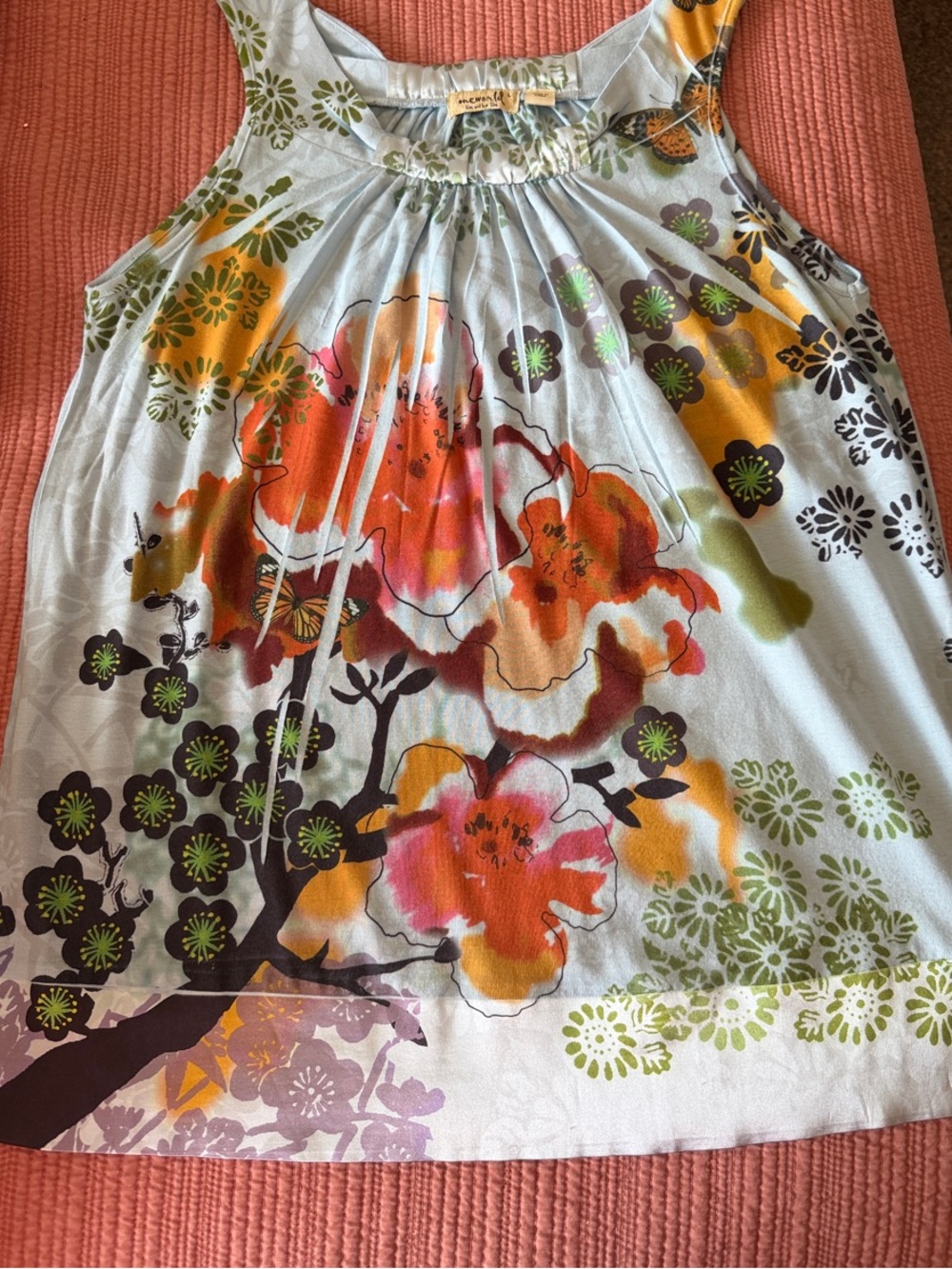ONE WORLD Light Blue Floral Tank Top with Orange, Pink & Green W/ Silk Bottom